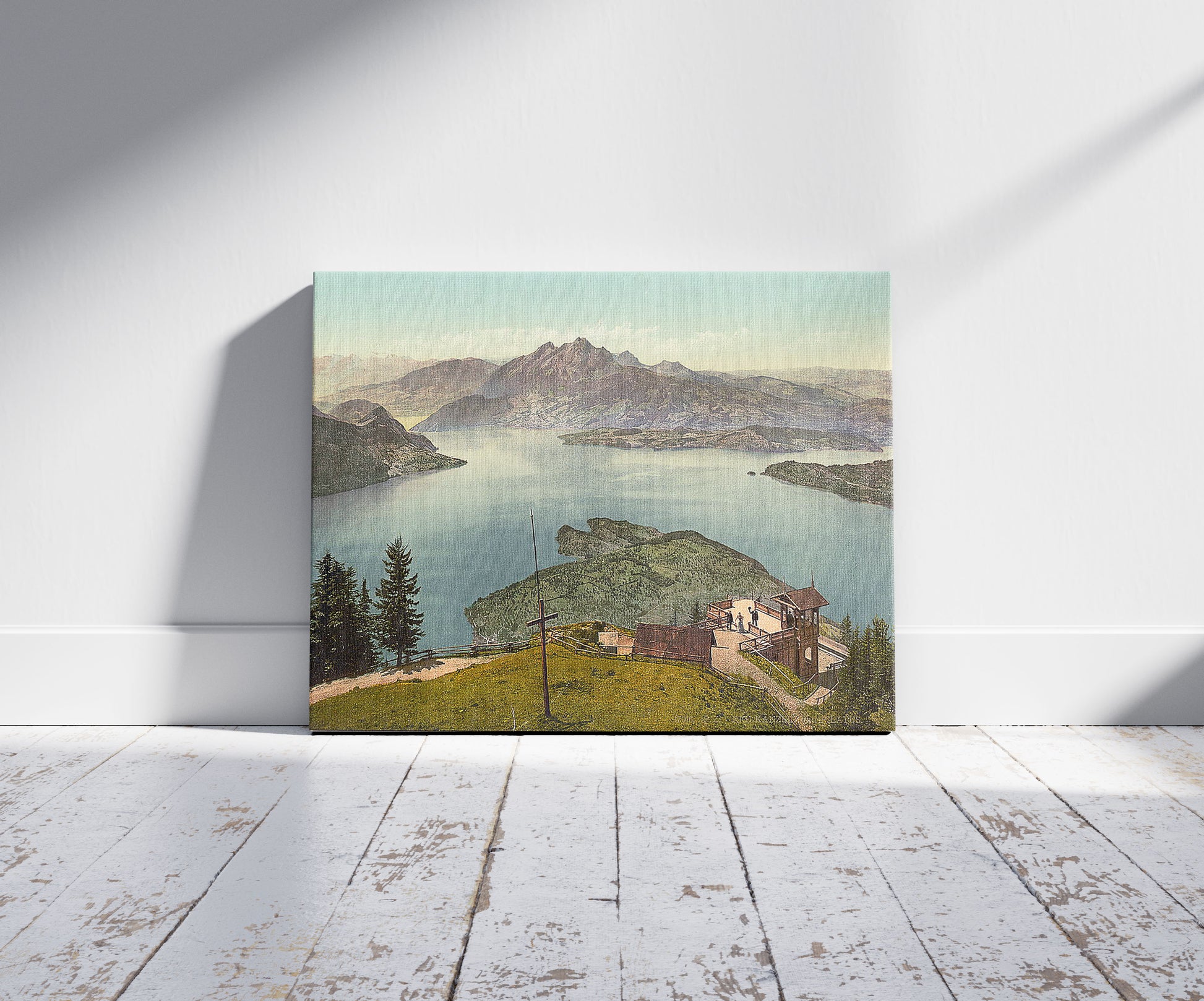 A picture of From Rigi Kanzell, Pilatus, Switzerland, a mockup of the print leaning against a wall