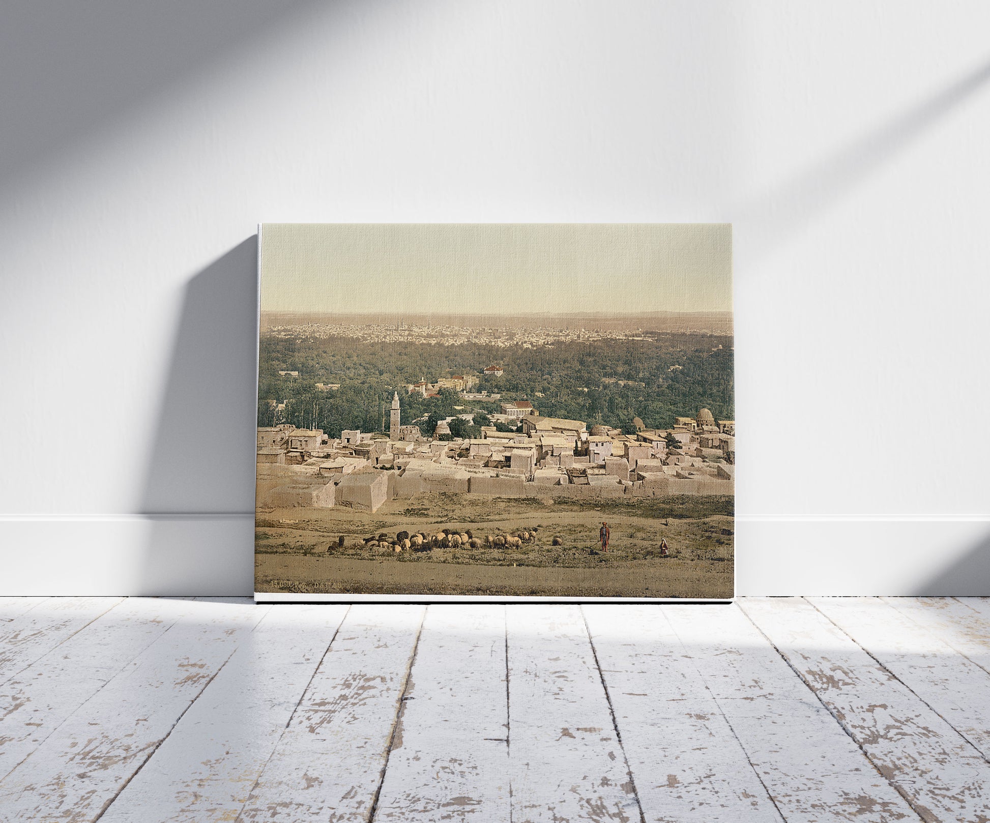 A picture of From Sallah, Damascus, Holy Land, (i.e. Syria), a mockup of the print leaning against a wall