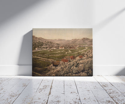 A picture of From the east, Cetinje, Montenegro, a mockup of the print leaning against a wall