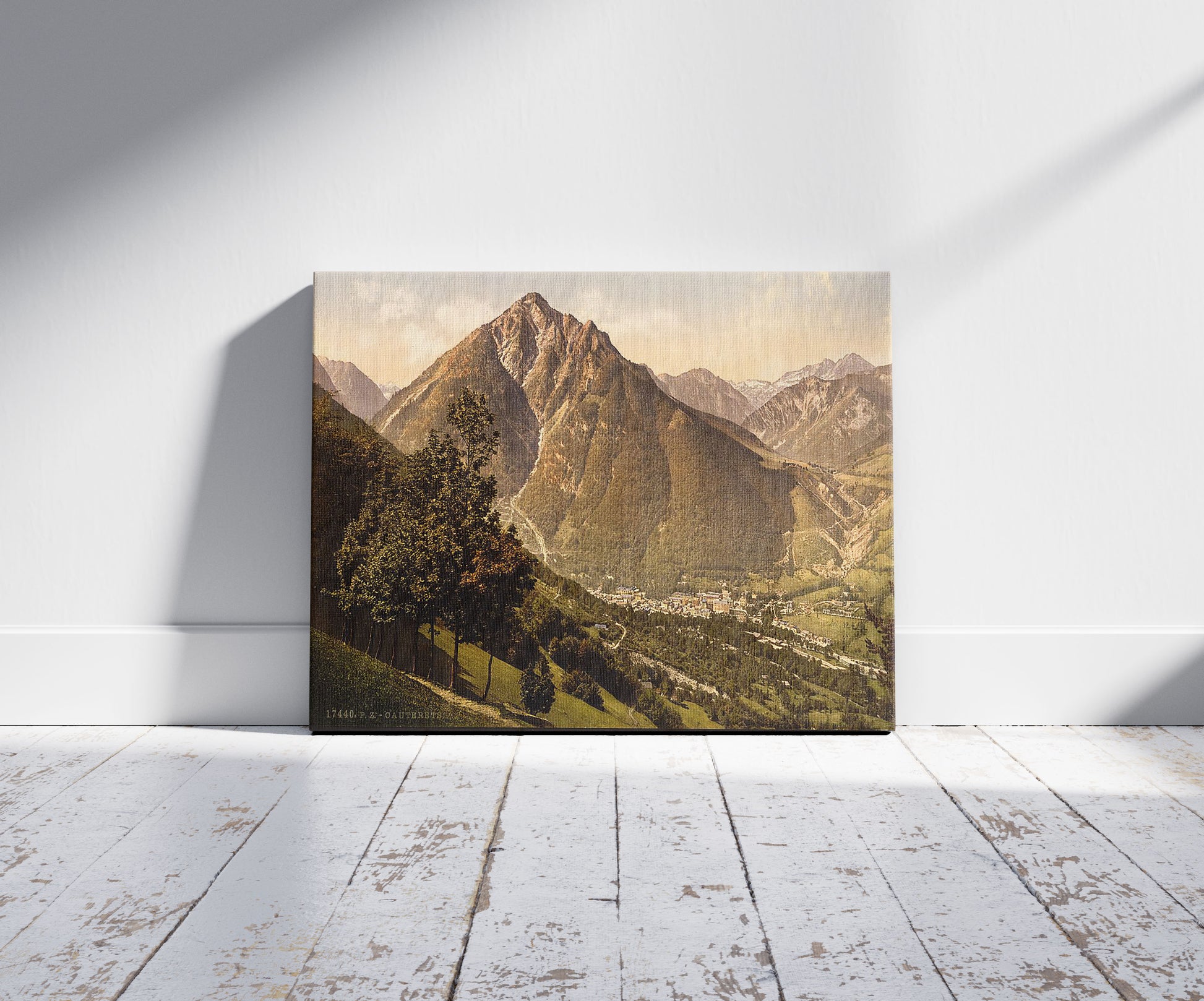 A picture of From the grange of Queen Hortense, Cauterets, Pyrenees, France, a mockup of the print leaning against a wall