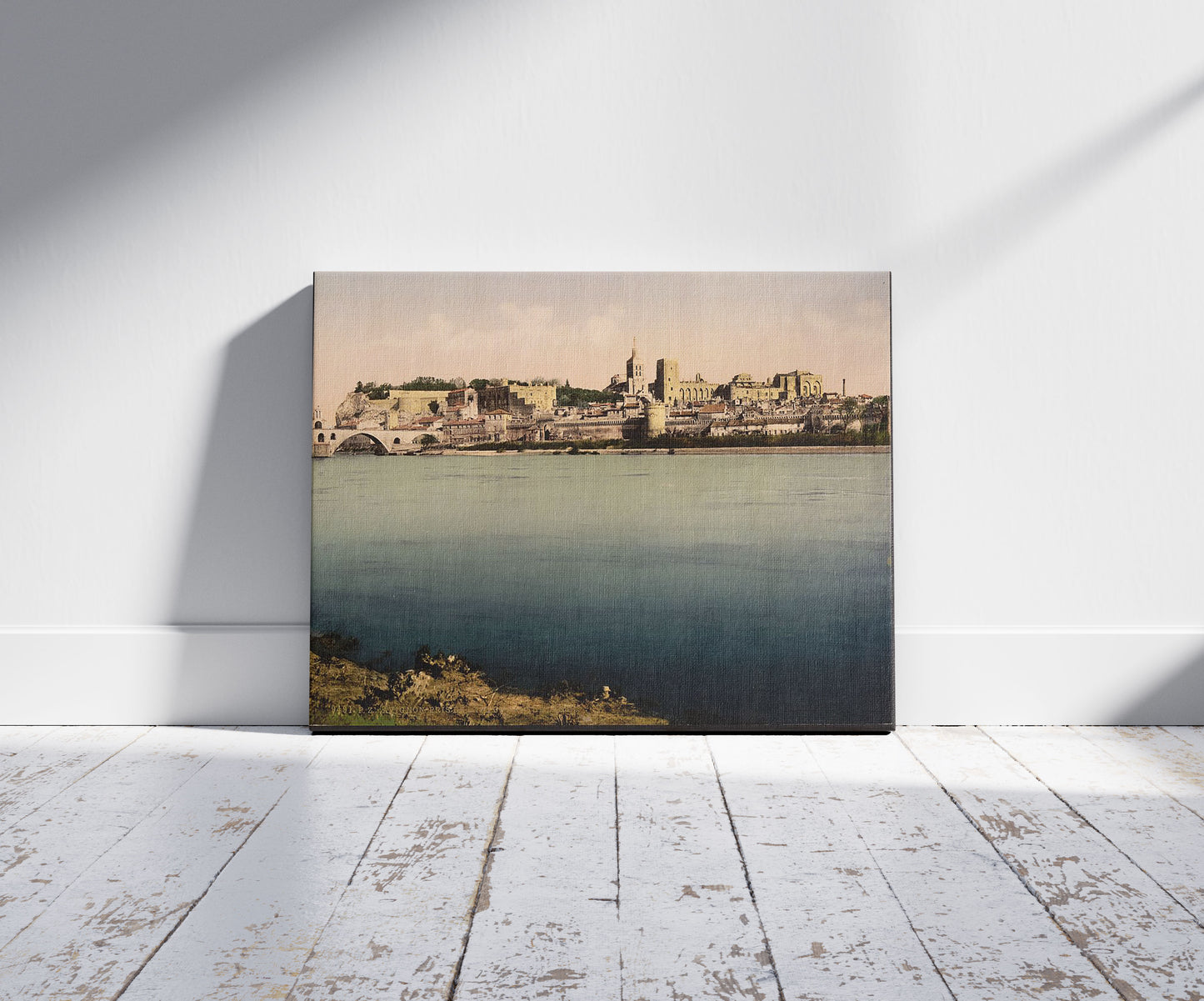 A picture of From the Isle de Barthalasse, (i.e., Ile de la Barthelasse), Avignon, Provence, France, a mockup of the print leaning against a wall