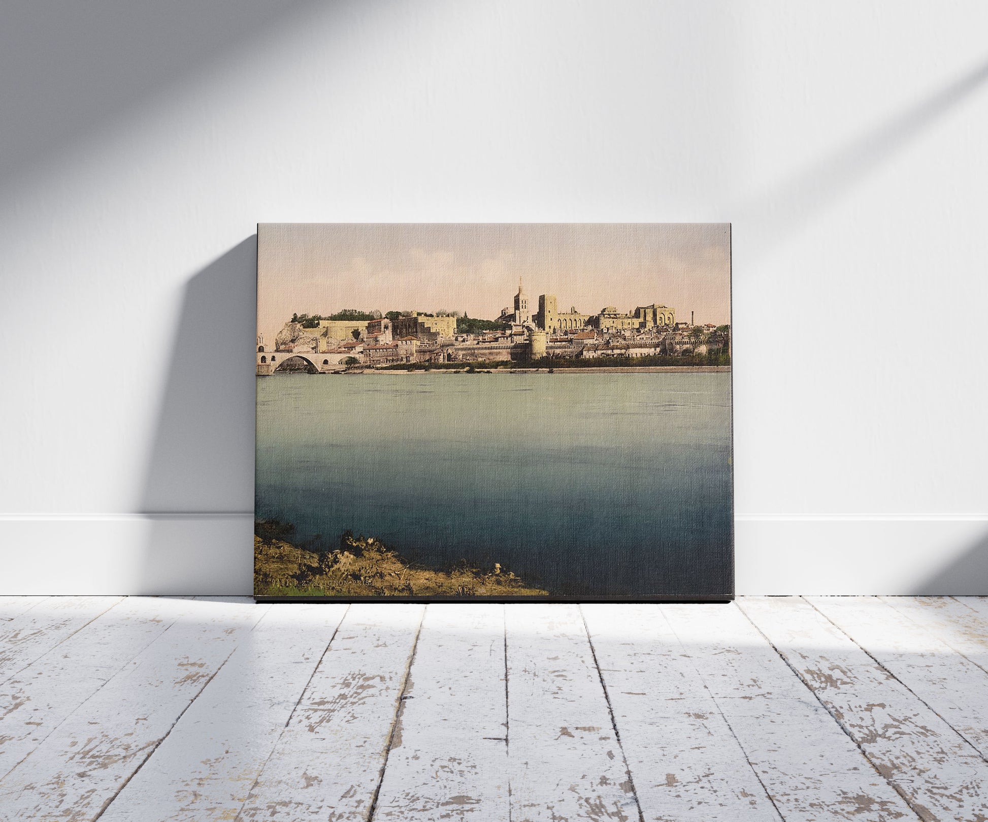 A picture of From the Isle de Barthalasse, (i.e., Ile de la Barthelasse), Avignon, Provence, France, a mockup of the print leaning against a wall