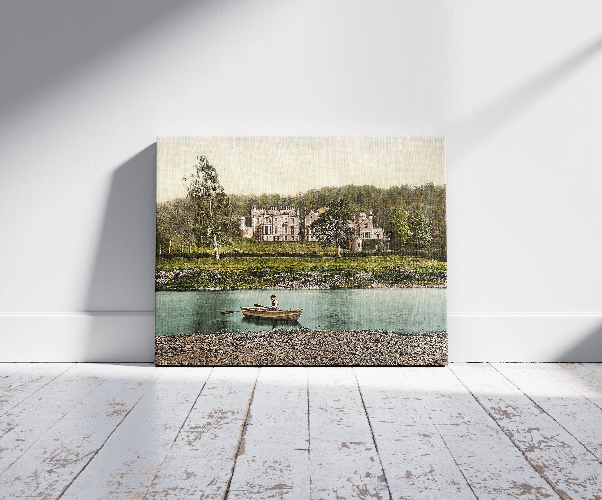 A picture of From the Tweed, Abbotsford, Scotland, a mockup of the print leaning against a wall