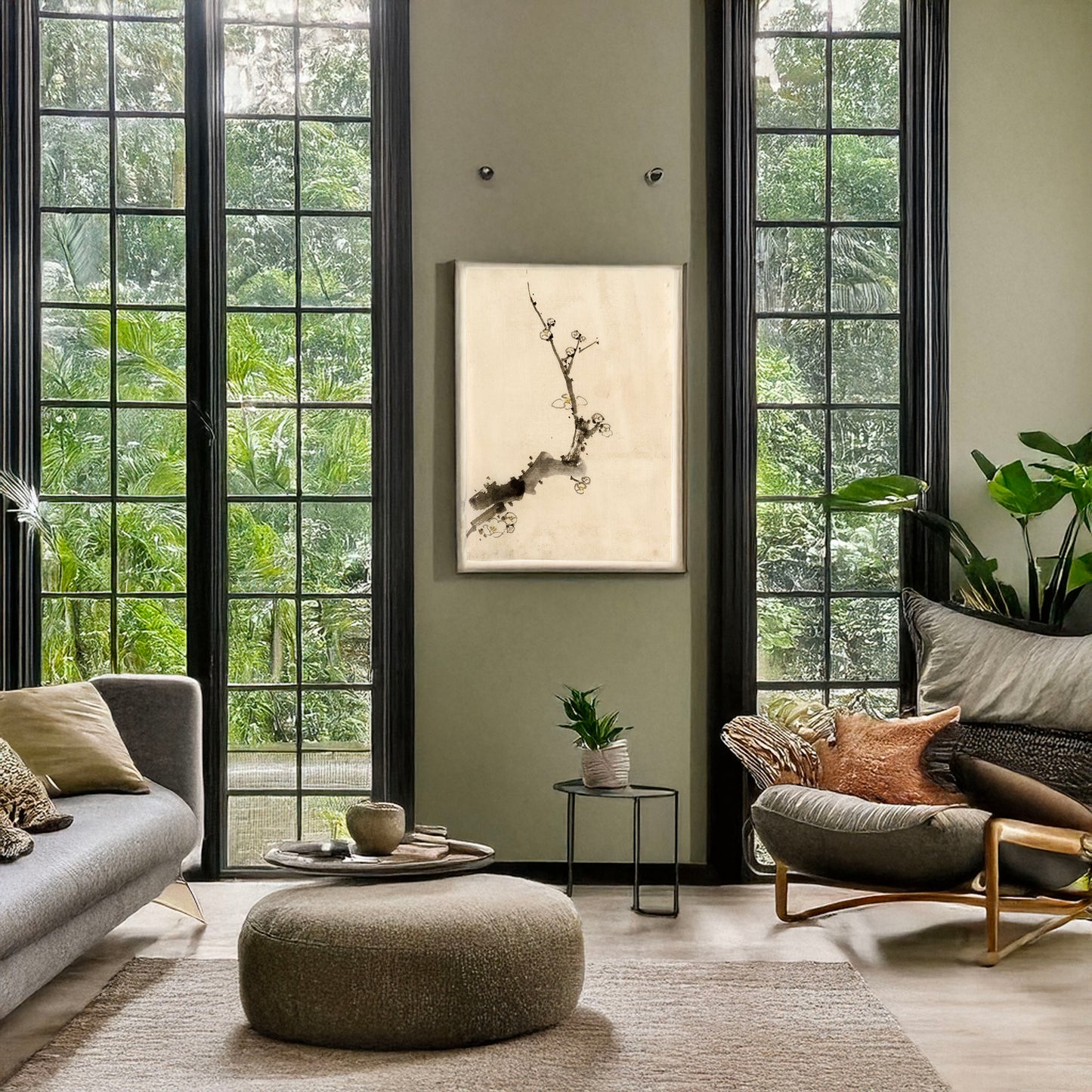 A picture of Fruit tree branch with blossoms, a mockup of the print leaning against a wall
