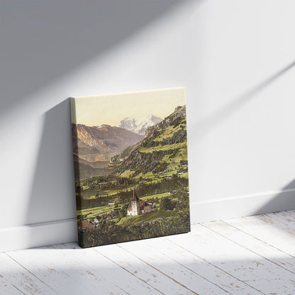 A picture of Frutigen and Balmhorn, Bernese Oberland, Switzerland, a mockup of the print leaning against a wall