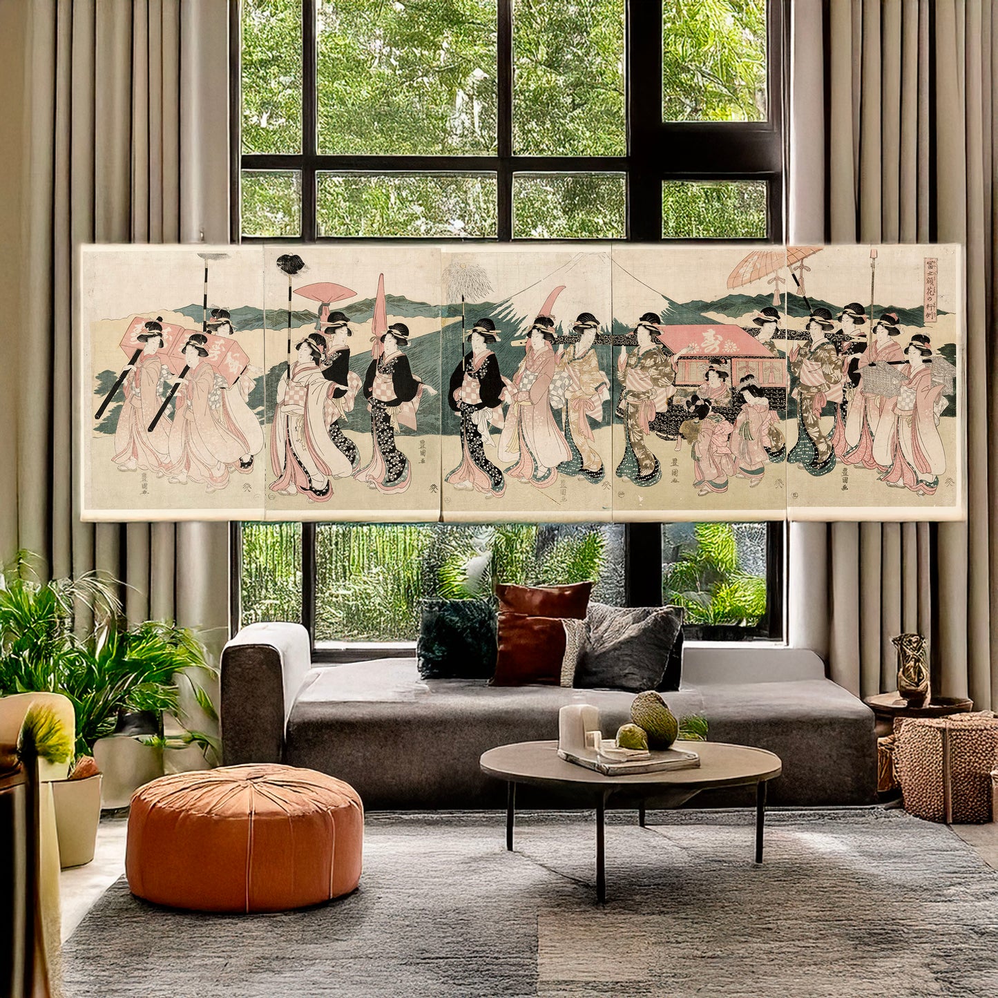 A picture of Fujibitai hana no gyōretsu, a mockup of the print leaning against a wall
