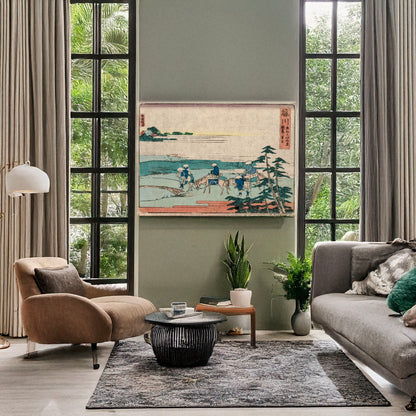 A picture of Fujikawa, a mockup of the print leaning against a wall