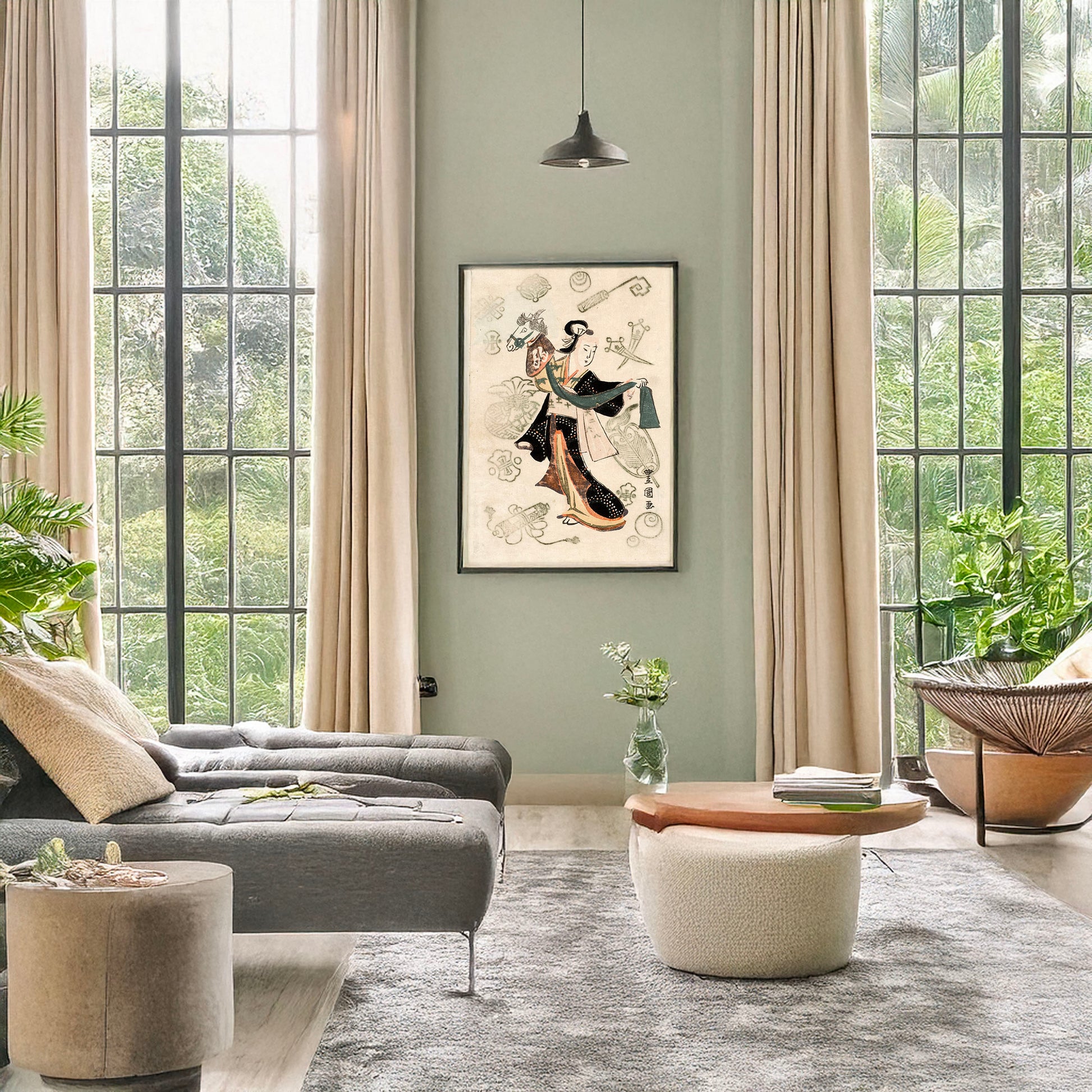 A picture of Fujimusume no harukoma, a mockup of the print leaning against a wall