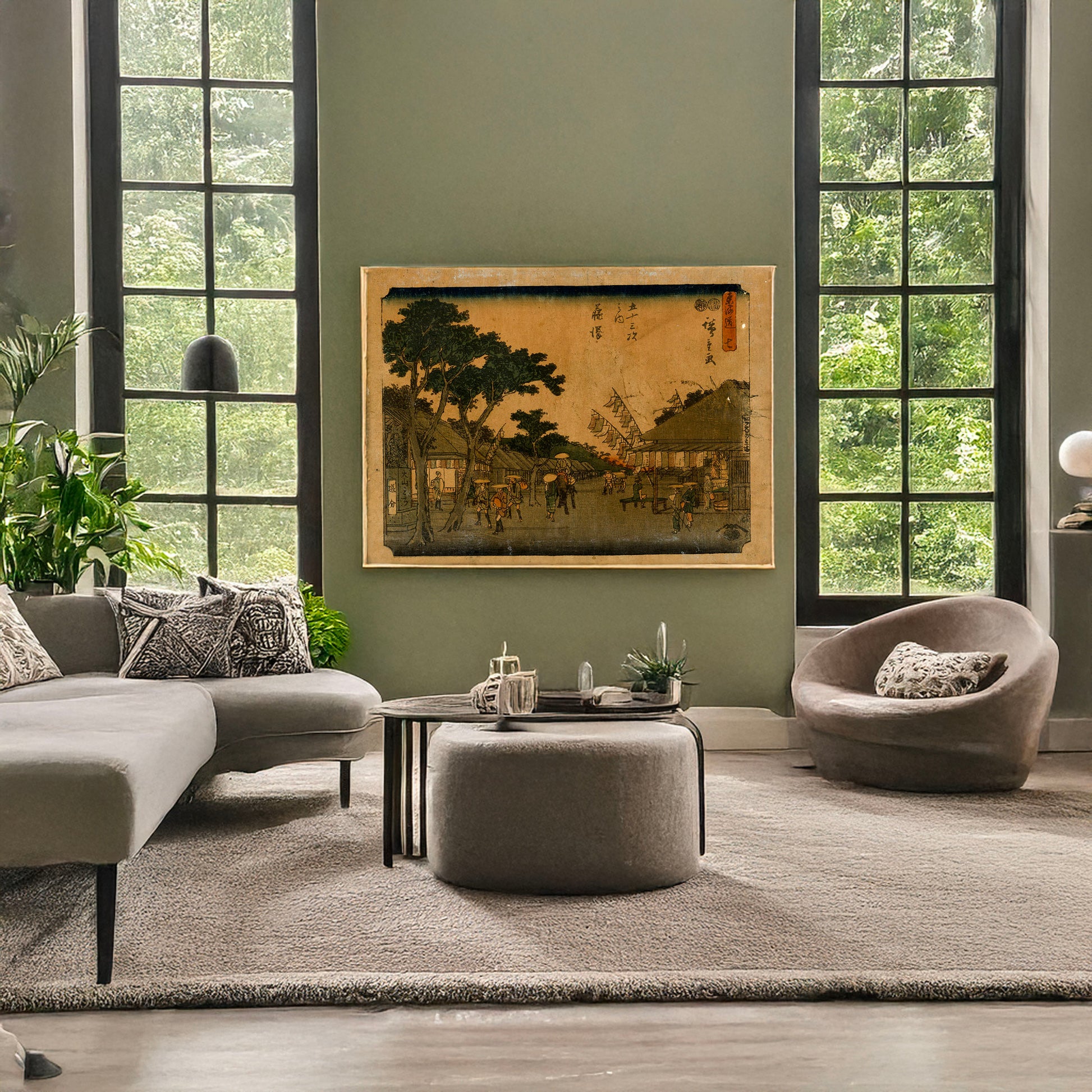 A picture of Fujisawa, a mockup of the print leaning against a wall