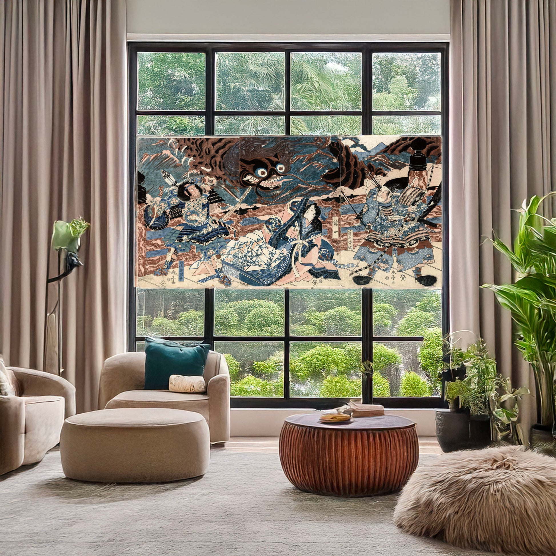 A picture of Fujiwara no hidesato no mukade taiji, a mockup of the print leaning against a wall