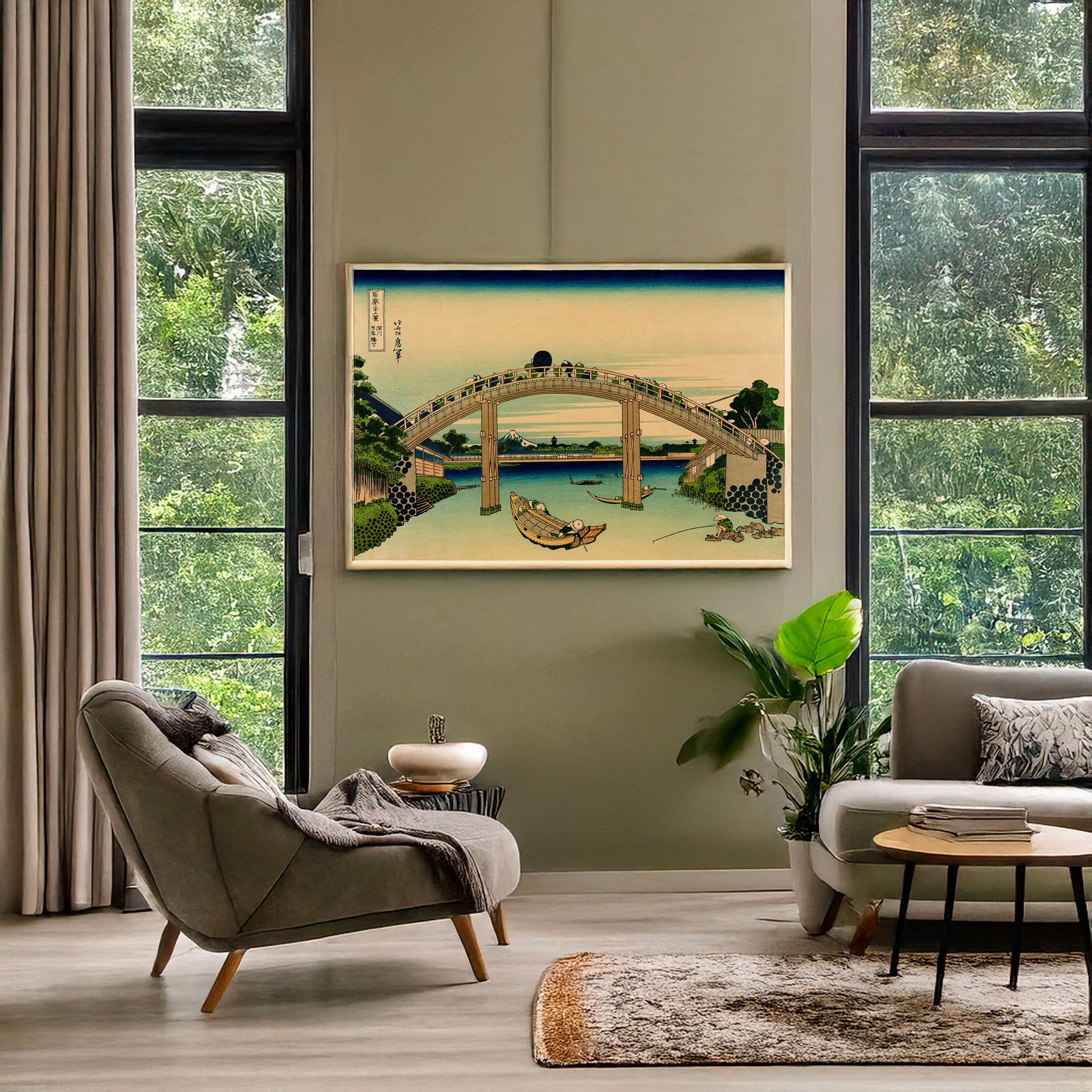 A picture of Fukagawa mannenbashi sita, a mockup of the print leaning against a wall