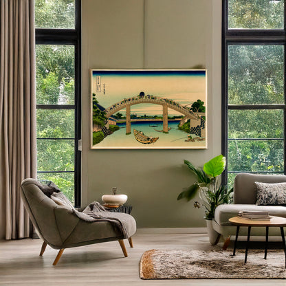 A picture of Fukagawa mannenbashi sita, a mockup of the print leaning against a wall