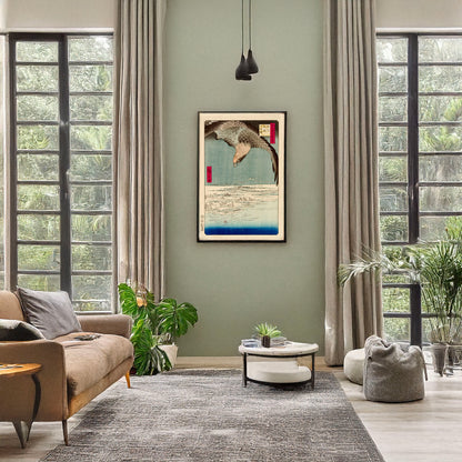 A picture of Fukagawa susaki jūmantsubo, a mockup of the print leaning against a wall
