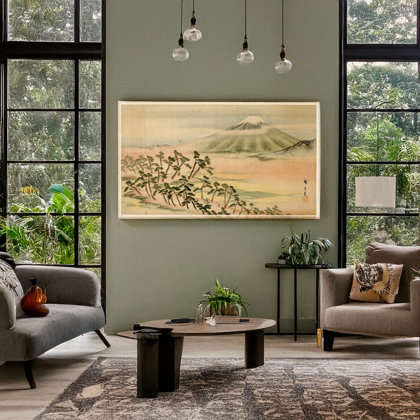 A picture of Fūkeiga, a mockup of the print leaning against a wall