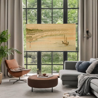 A picture of Fūkeiga, a mockup of the print leaning against a wall