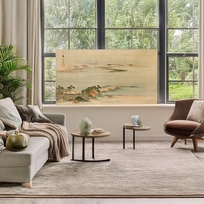 A picture of Fūkeiga, a mockup of the print leaning against a wall