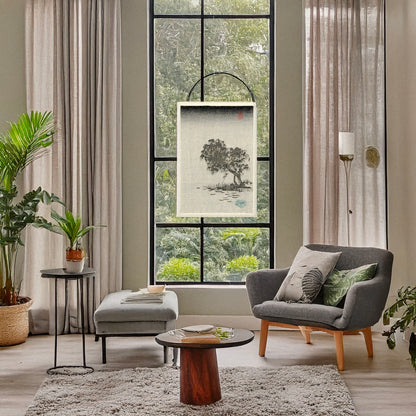 A picture of Fūkeiga, a mockup of the print leaning against a wall