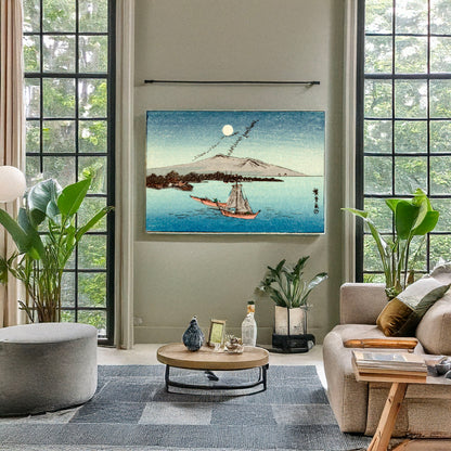 A picture of Fūkeiga, a mockup of the print leaning against a wall