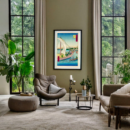 A picture of Fūkeiga, a mockup of the print leaning against a wall