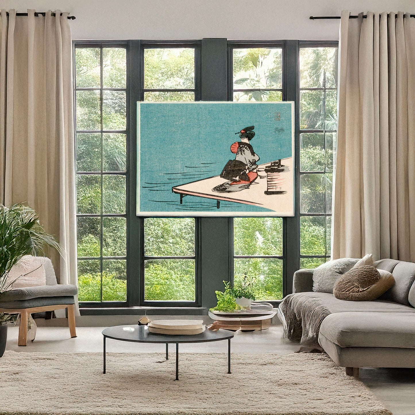 A picture of Fūkeiga, a mockup of the print leaning against a wall