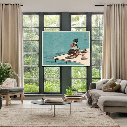 A picture of Fūkeiga, a mockup of the print leaning against a wall