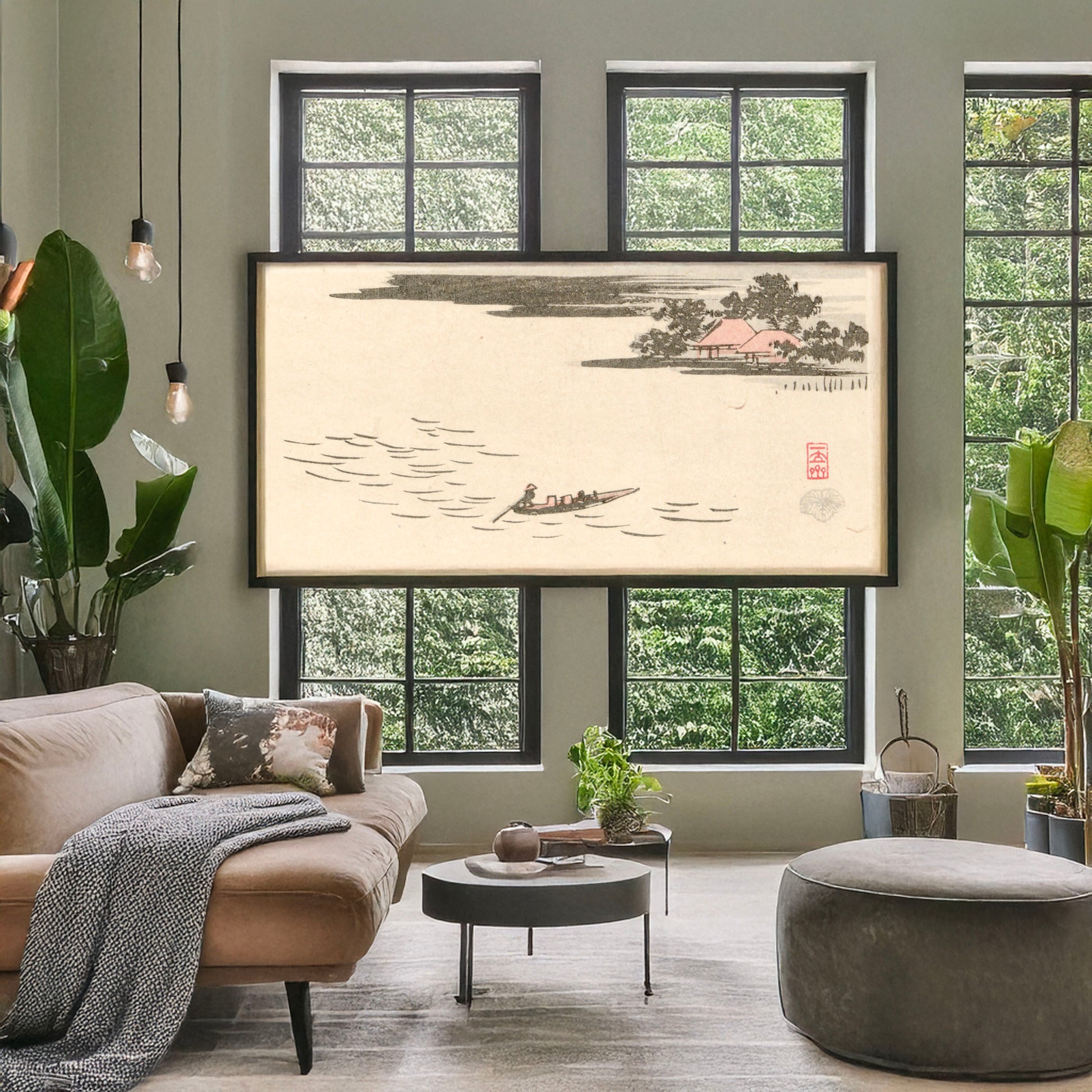 A picture of Fūkeiga, a mockup of the print leaning against a wall