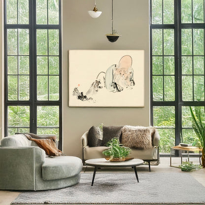 A picture of Fukurokuju, a mockup of the print leaning against a wall