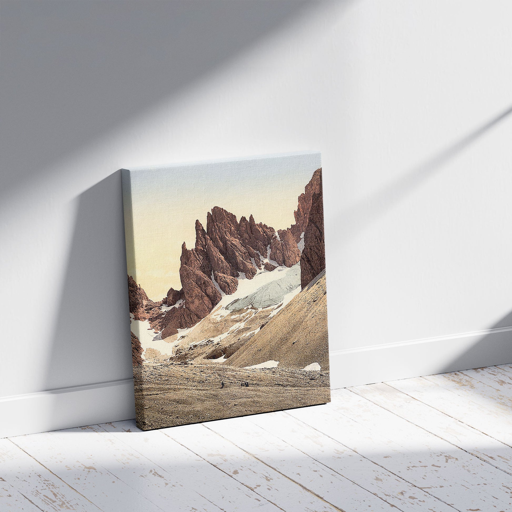 A picture of Funffingerspitze, from the north, Tyrol, Austro-Hungary, a mockup of the print leaning against a wall