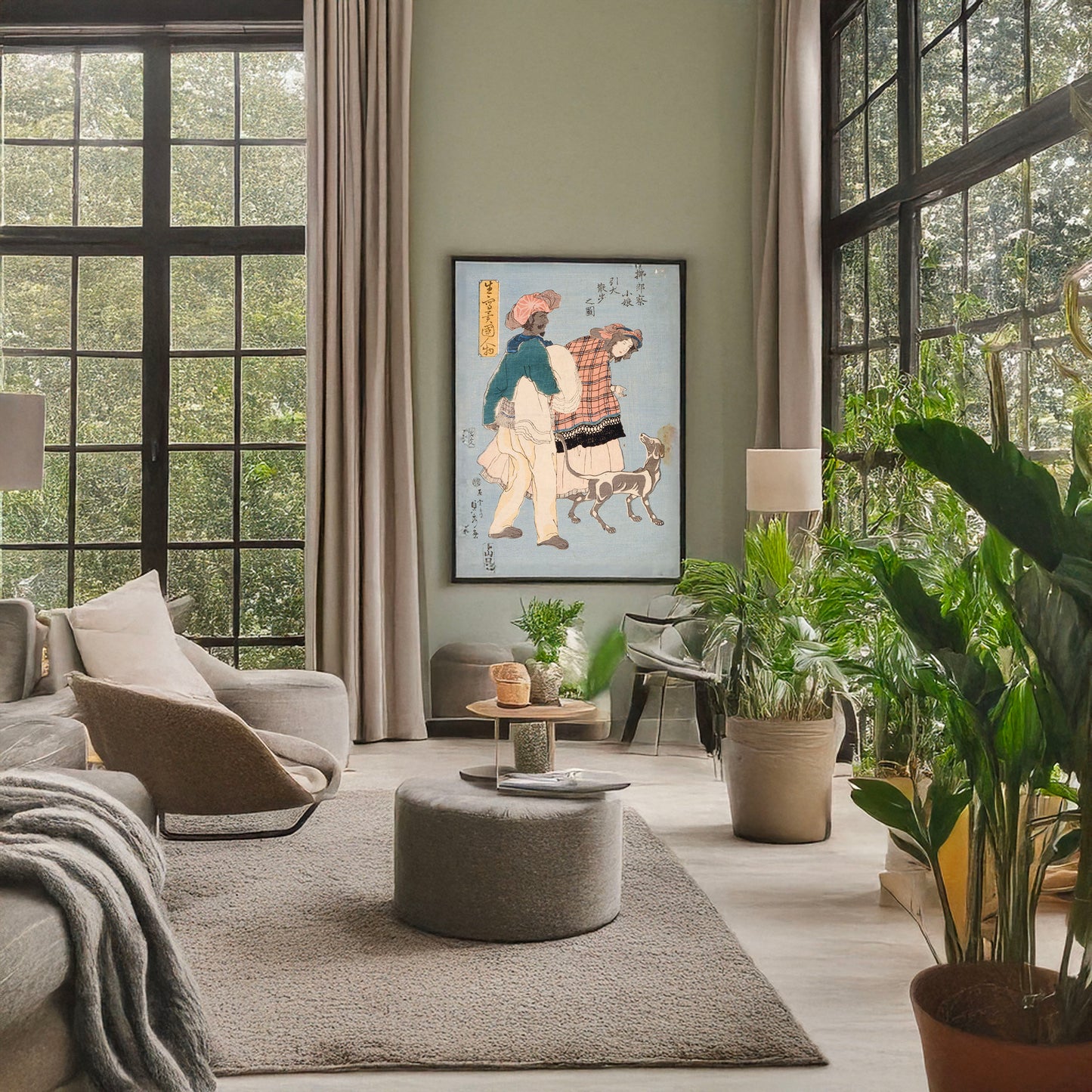 A picture of Furansu komusume inu o hikite sanpo no zu, a mockup of the print leaning against a wall
