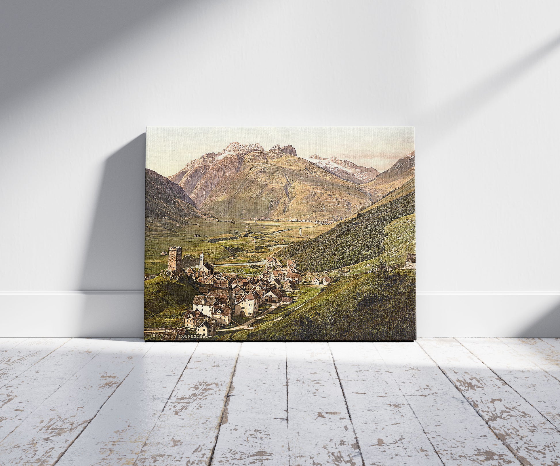 A picture of Furka Pass, Hospenthal, general view, Bernese Oberland, Switzerland, a mockup of the print leaning against a wall