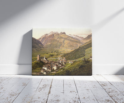 A picture of Furka Pass, Hospenthal, general view, Bernese Oberland, Switzerland, a mockup of the print leaning against a wall