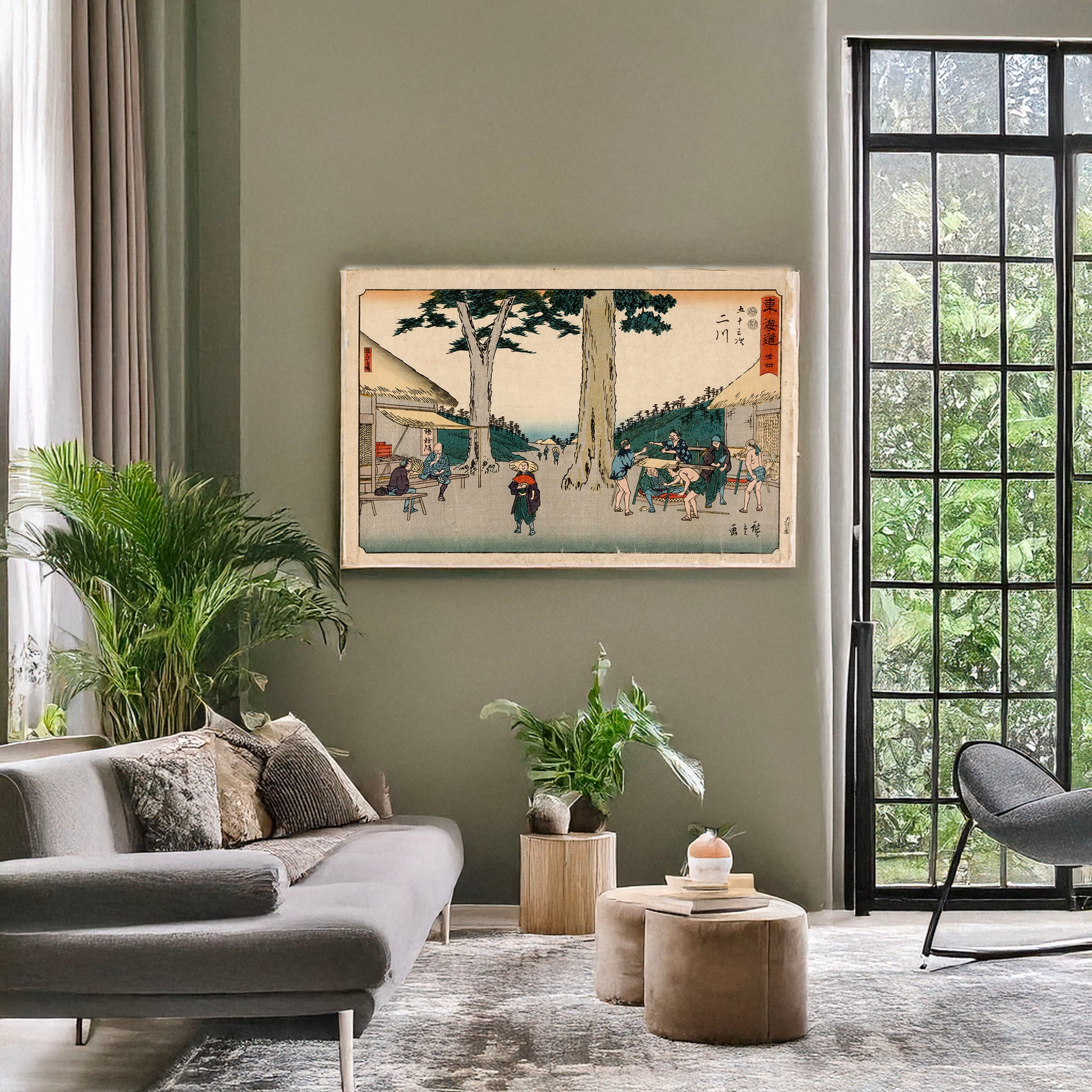 A picture of Futagawa, a mockup of the print leaning against a wall