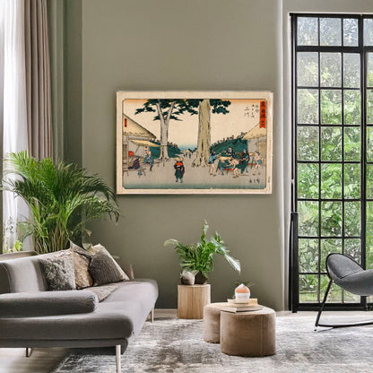 A picture of Futagawa, a mockup of the print leaning against a wall