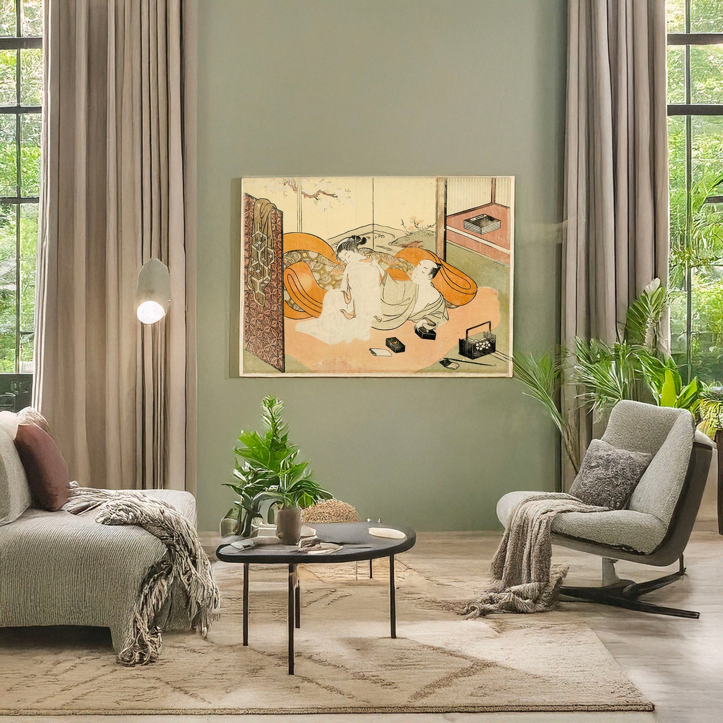 A picture of Futon no naka no yūjo to kyaku, a mockup of the print leaning against a wall