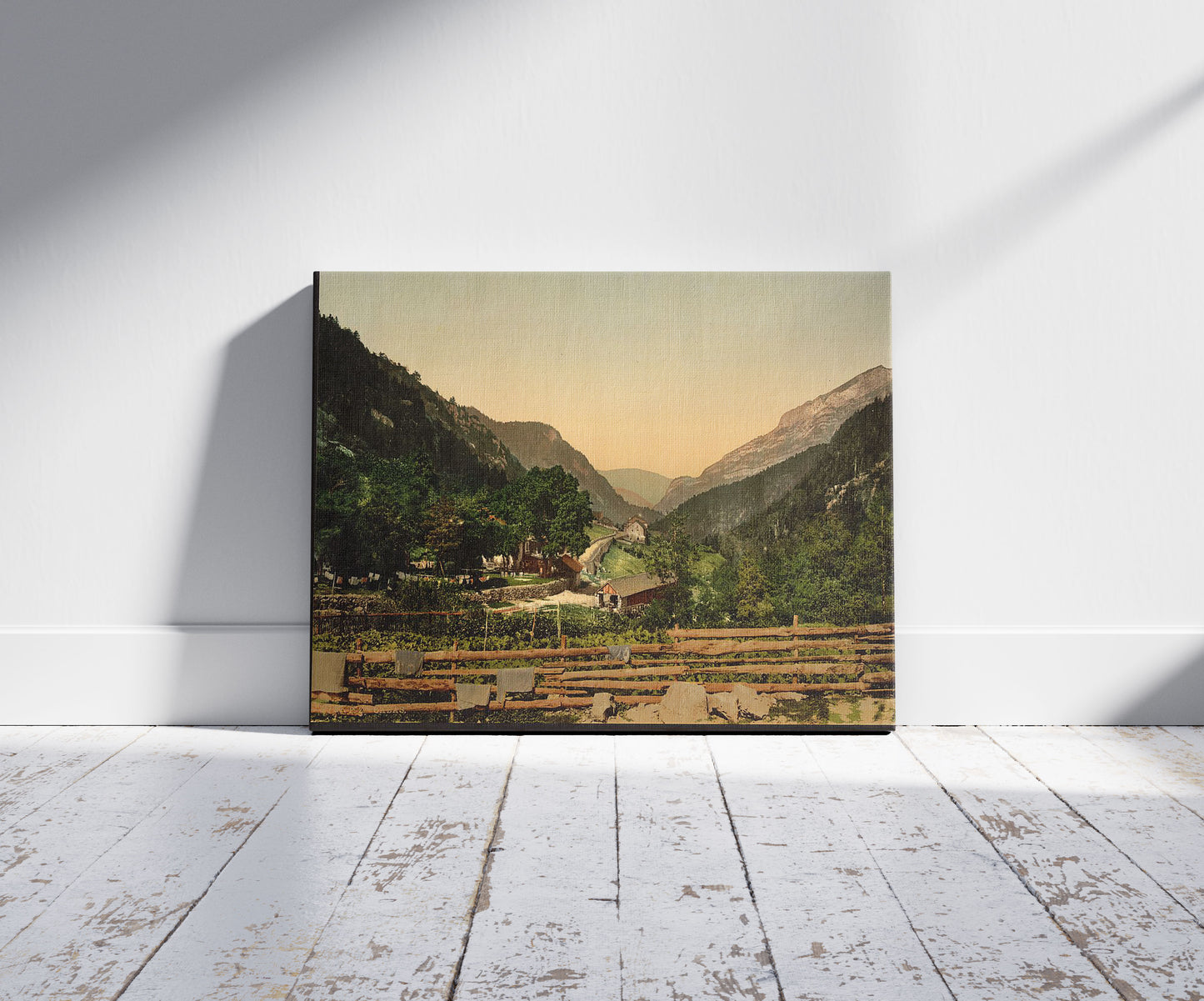 A picture of Gabas, Pyrenees, France, a mockup of the print leaning against a wall