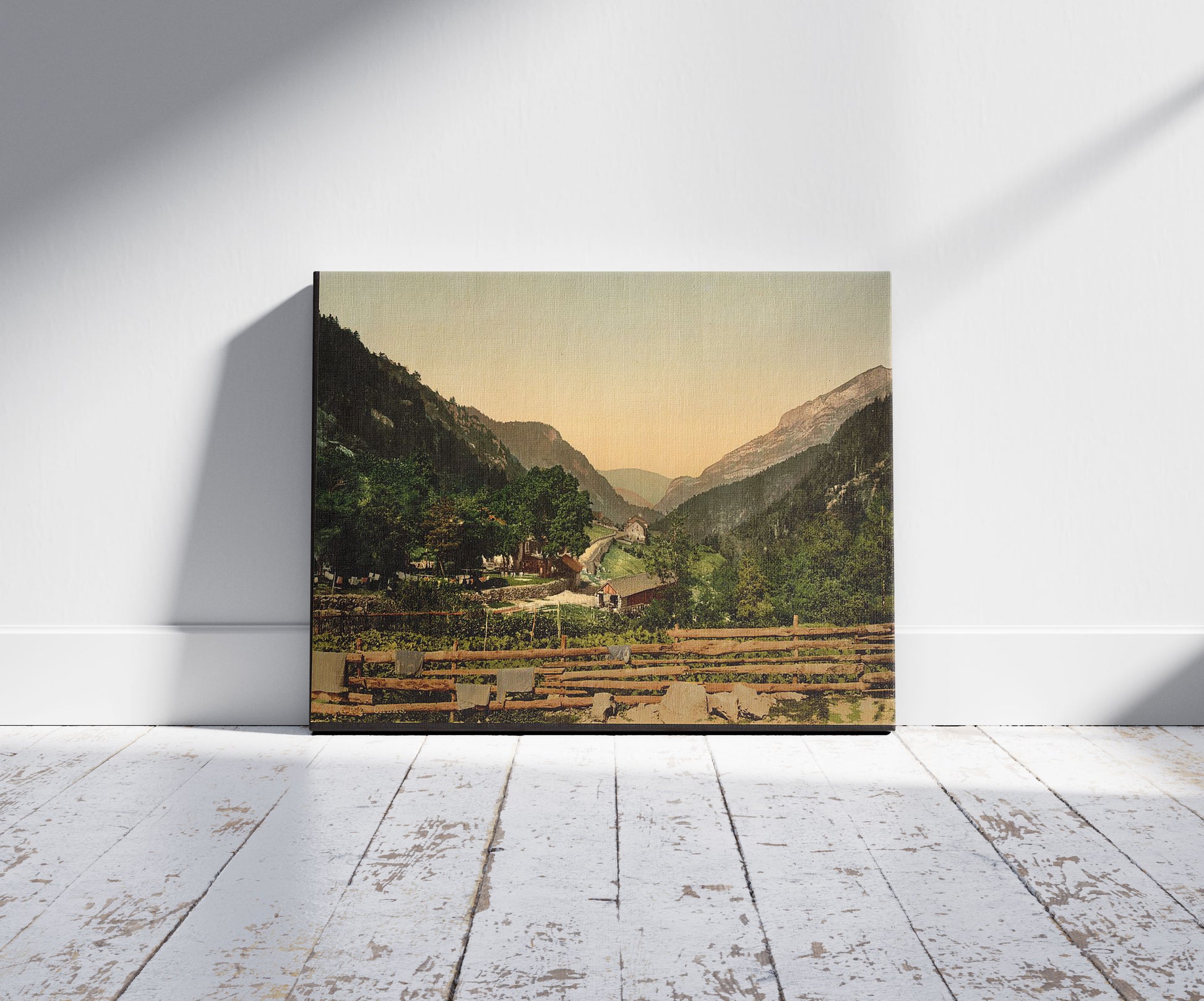 A picture of Gabas, Pyrenees, France, a mockup of the print leaning against a wall