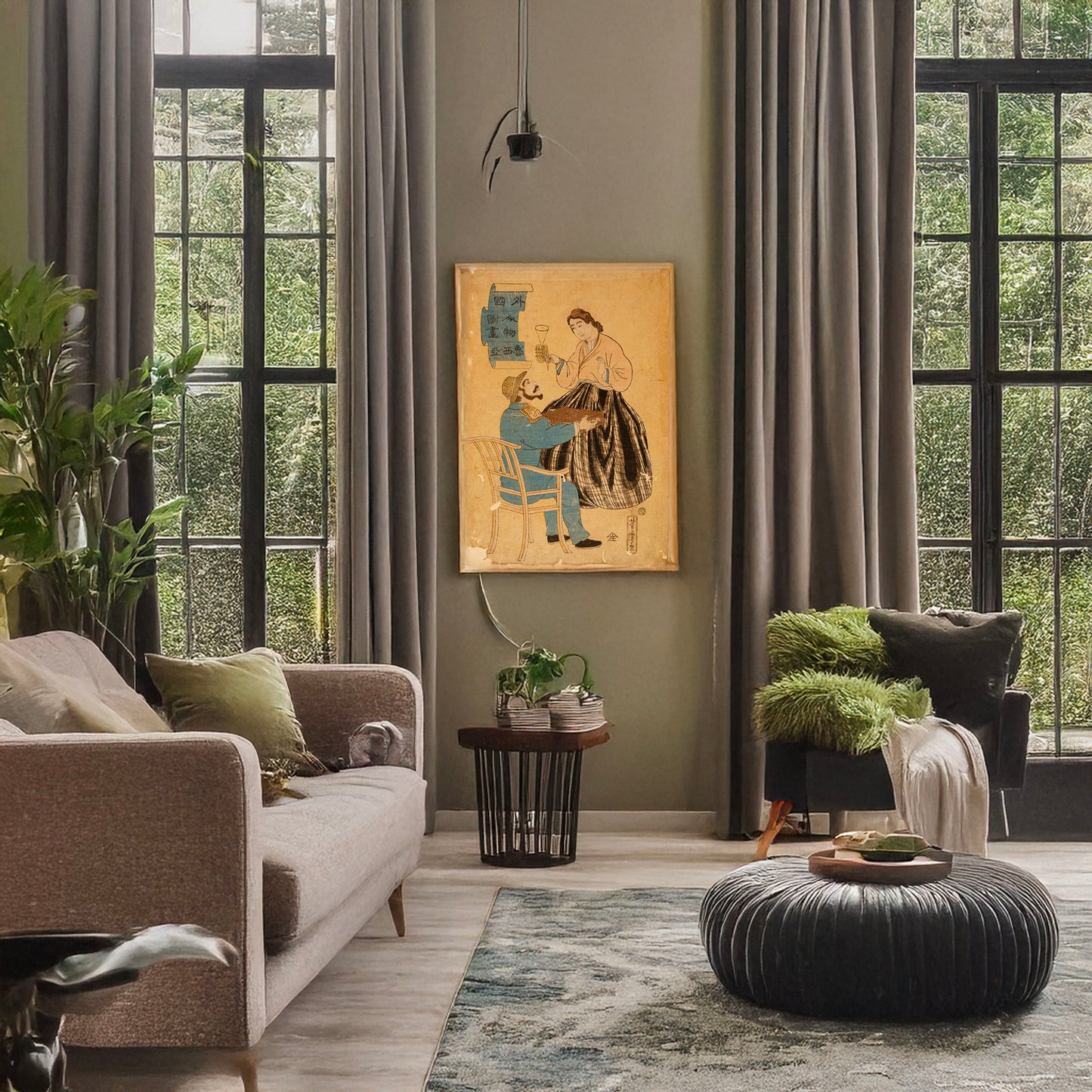 A picture of Gaikoku jinbutsu zuga - Oroshiya, a mockup of the print leaning against a wall