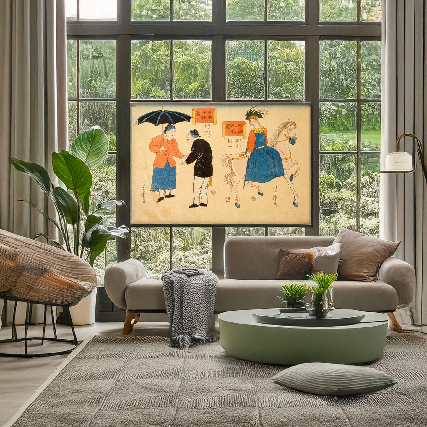 A picture of Gaikoku jinbutsu zukushi - Amerika, Nankin, a mockup of the print leaning against a wall