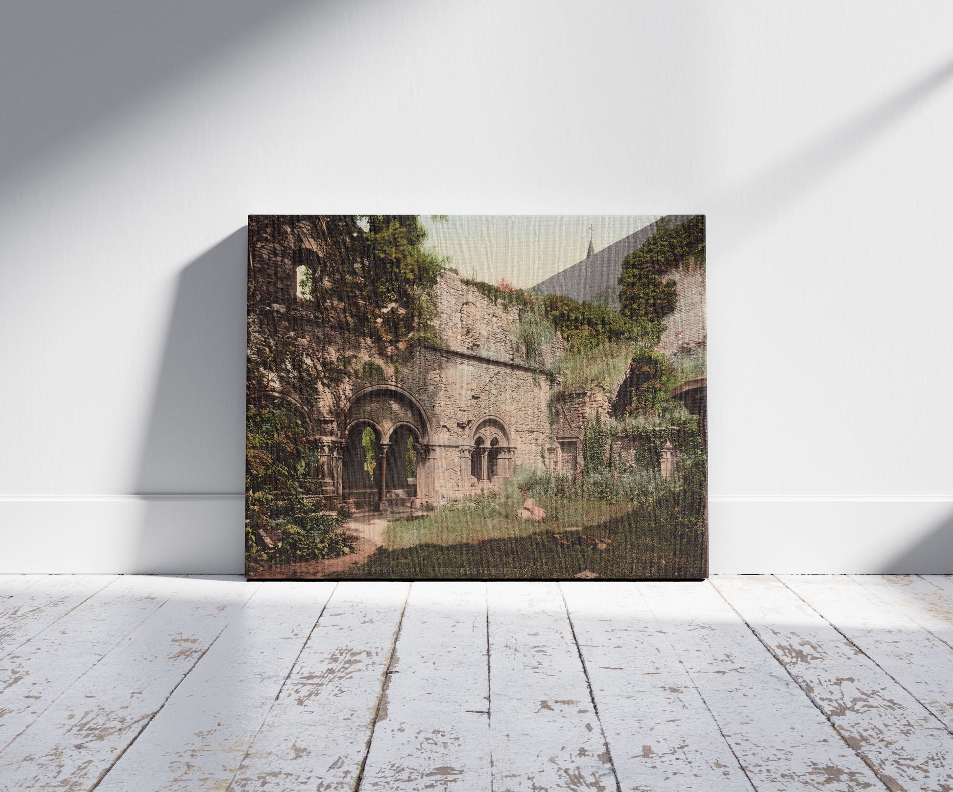 A picture of Gand. Abbaye de St. Bavon. Crypte de la Viergei, a mockup of the print leaning against a wall