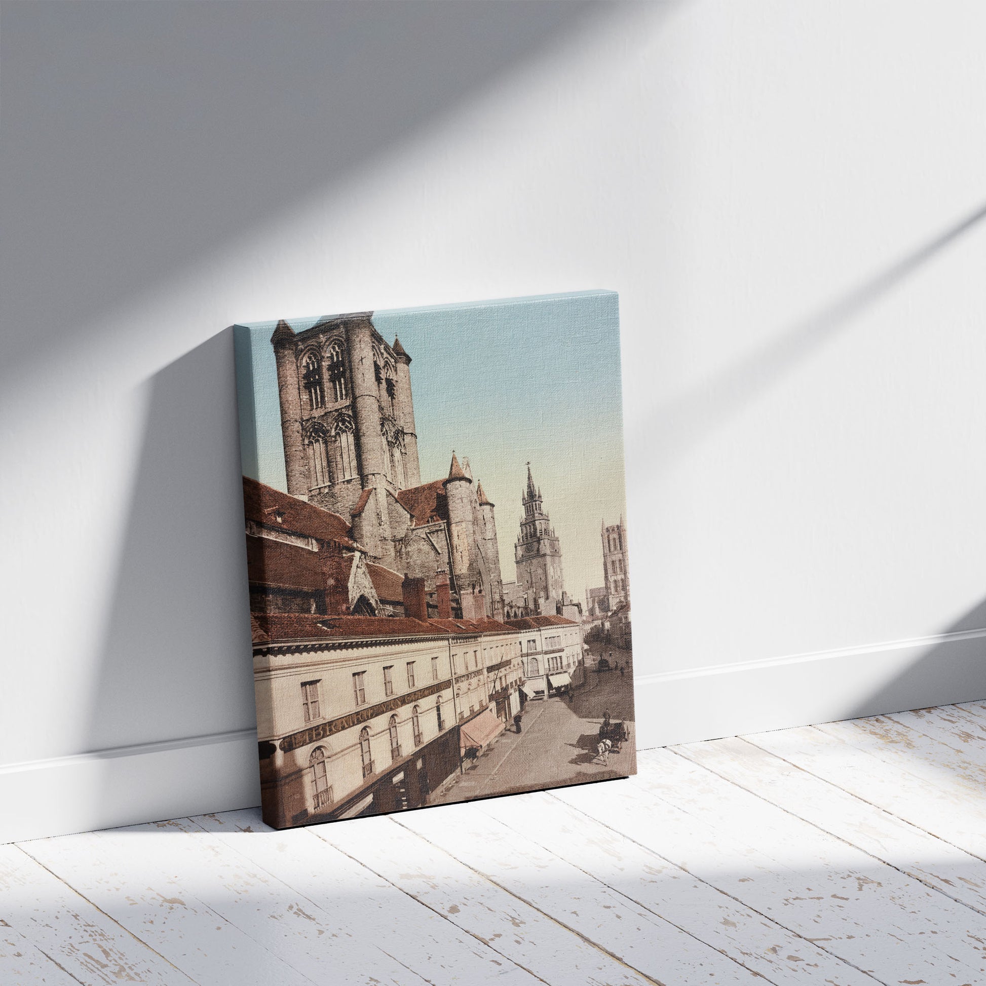 A picture of Gand. Le Beffroi. L'Église de St. Nicolas et Bavon, a mockup of the print leaning against a wall