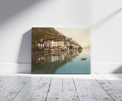 A picture of Gandria, general view, Tessin, Switzerland, a mockup of the print leaning against a wall