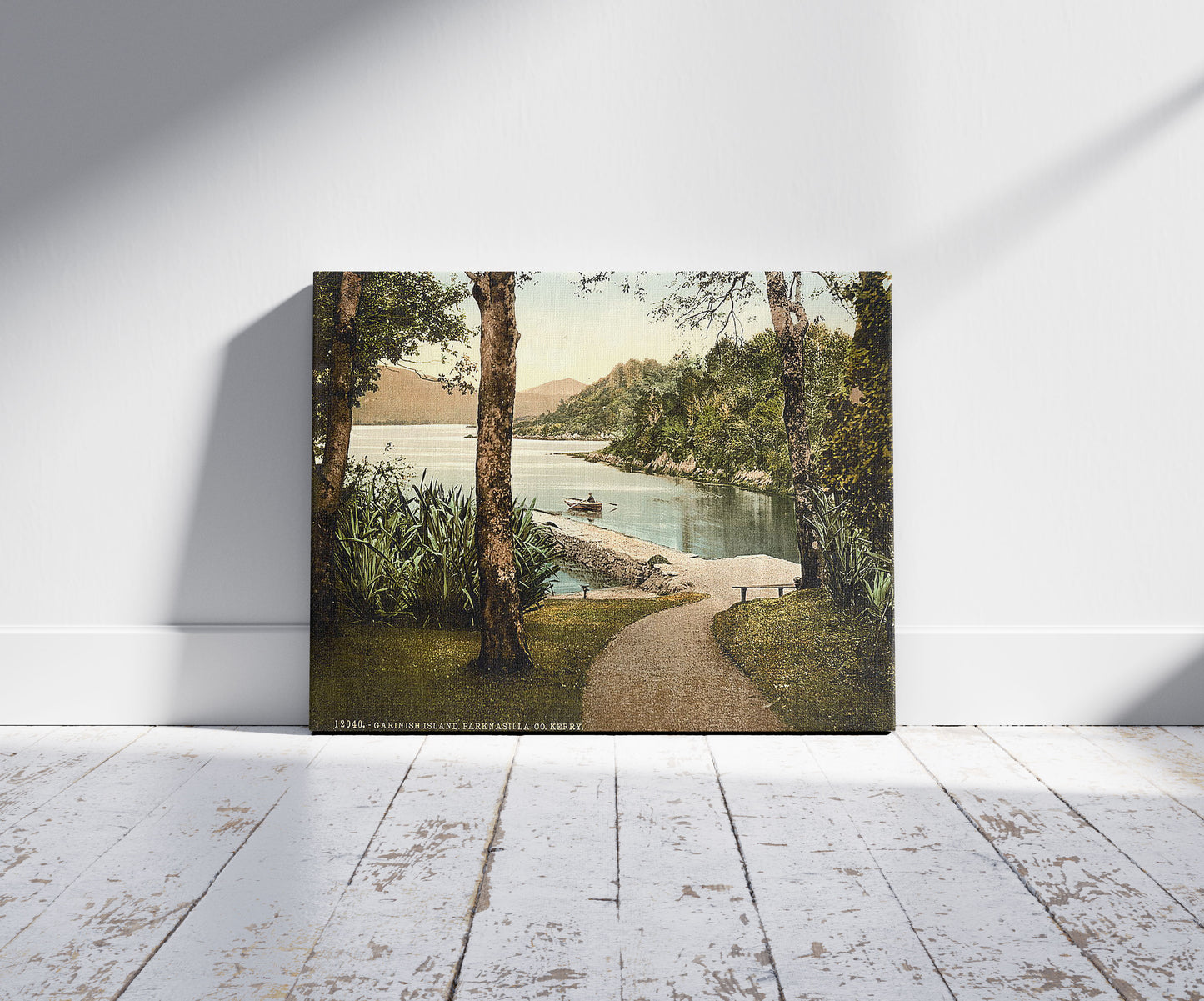 A picture of Garinish Island, Parknasilla. County Kerry, Ireland, a mockup of the print leaning against a wall