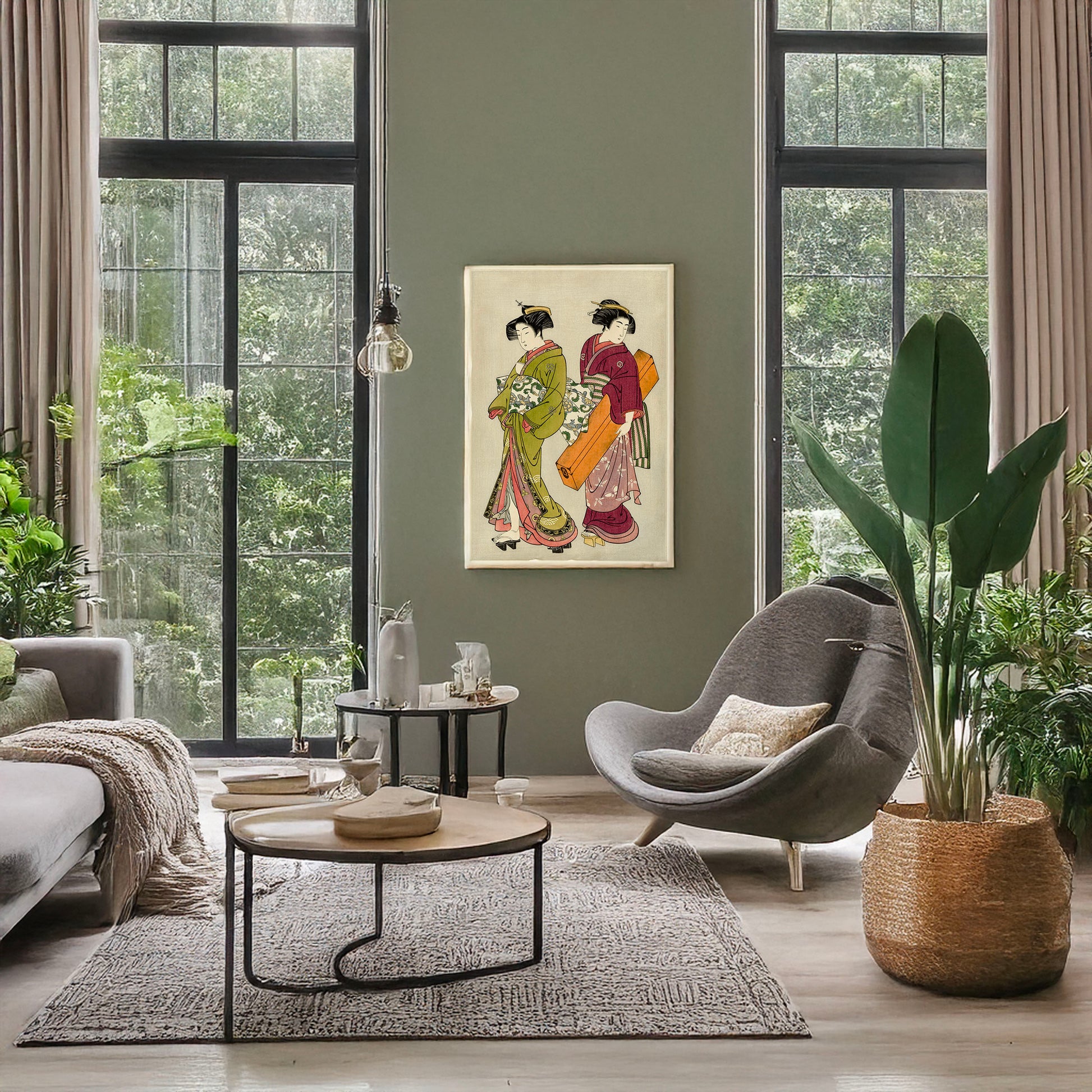 A picture of Geisha to hakoya, a mockup of the print leaning against a wall