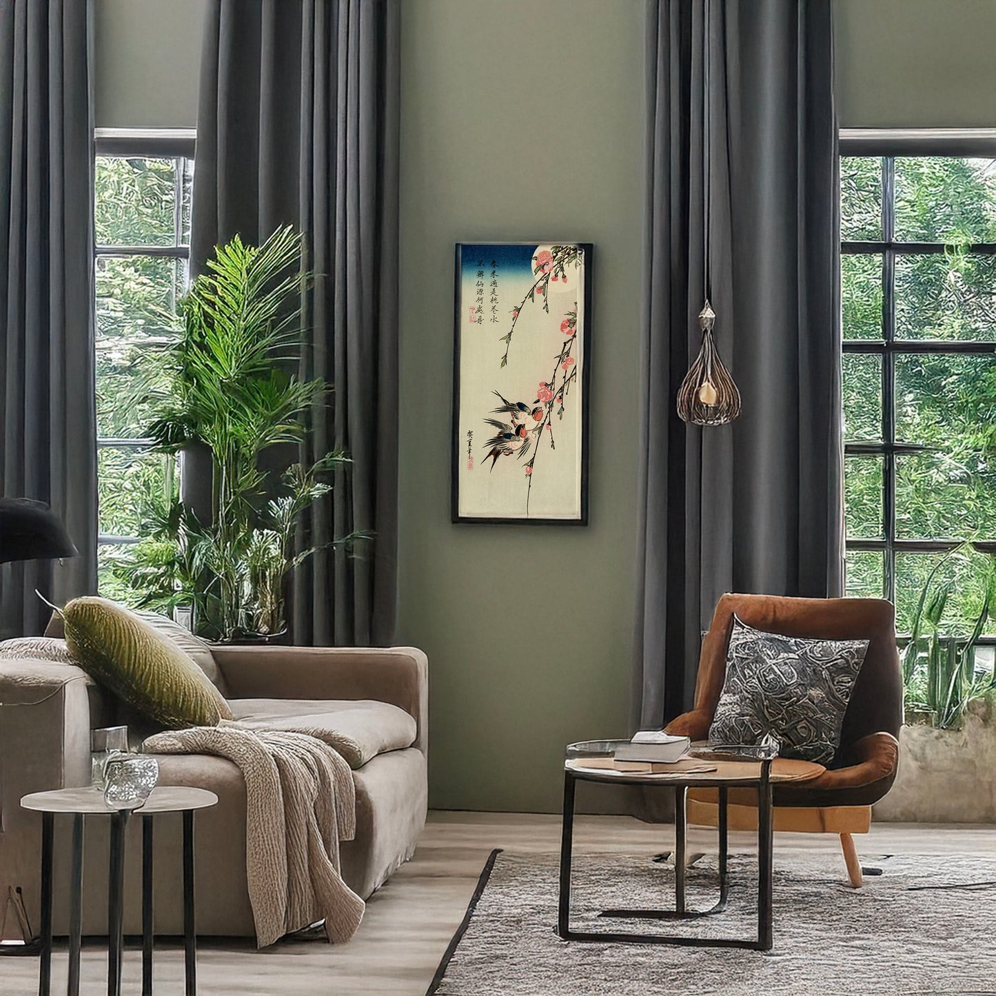 A picture of Gekka momo ni tsubakura, a mockup of the print leaning against a wall