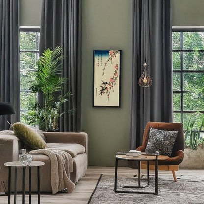 A picture of Gekka momo ni tsubakura, a mockup of the print leaning against a wall