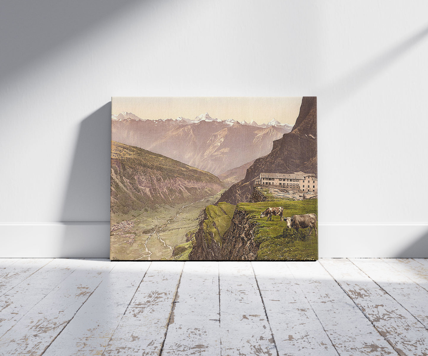 A picture of Gemmi Hotel and Leuk, Valais, Alps of, Switzerland, a mockup of the print leaning against a wall
