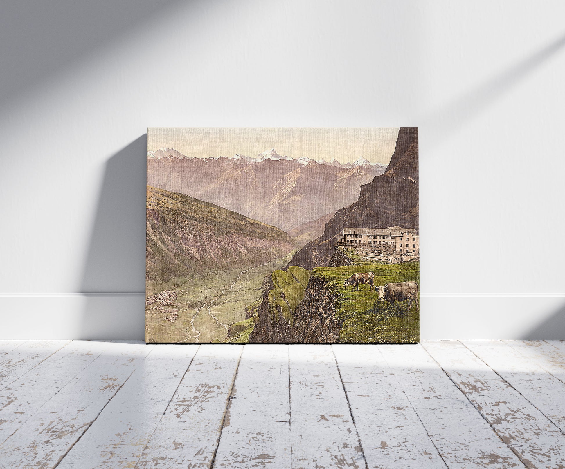 A picture of Gemmi Hotel and Leuk, Valais, Alps of, Switzerland, a mockup of the print leaning against a wall