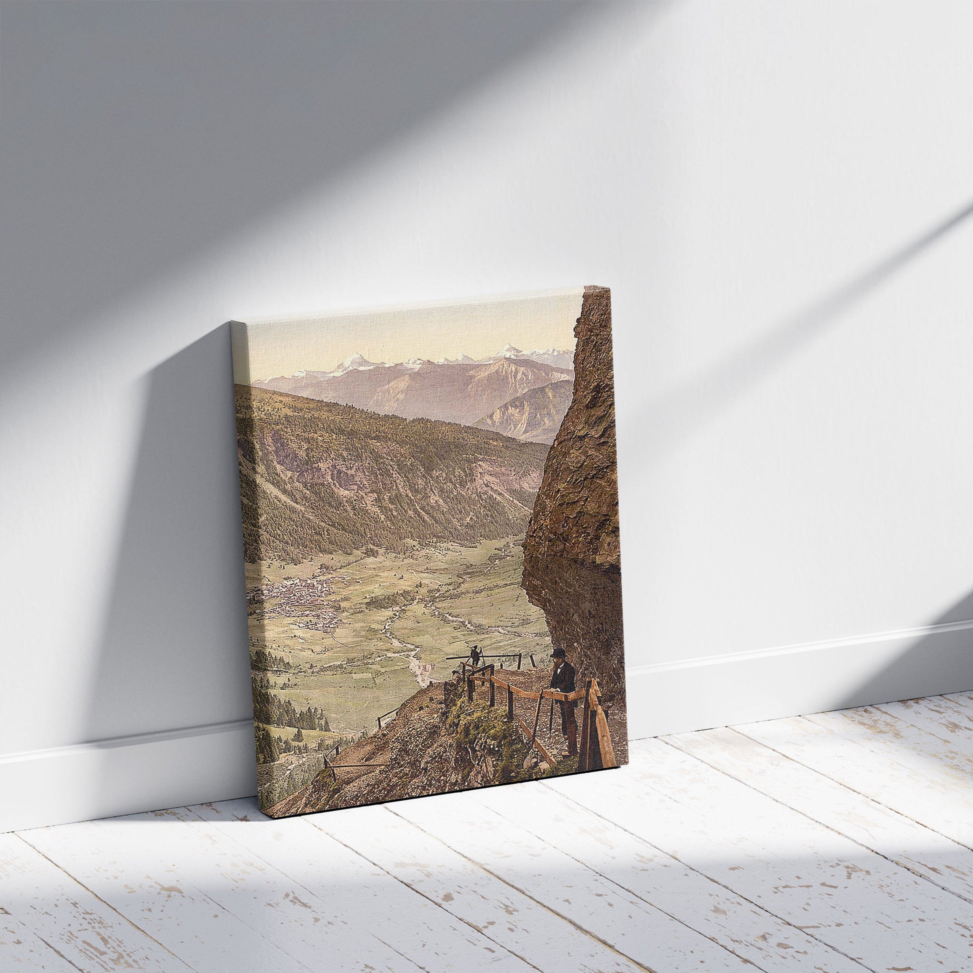 A picture of Gemmi-Route and Leuk, Valais, Alps of, Switzerland, a mockup of the print leaning against a wall