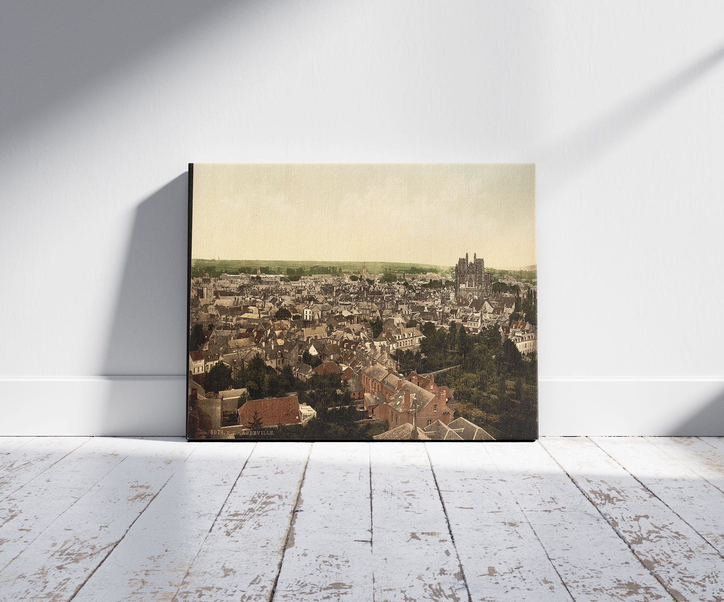A picture of General view, Abbeville, France, a mockup of the print leaning against a wall