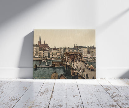 A picture of General view and Great Bridge, Stettin, Germany, a mockup of the print leaning against a wall